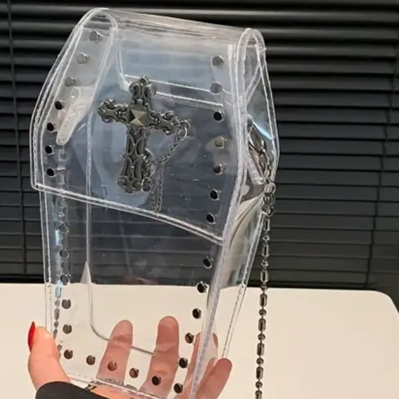 🆕 Gothic Punk Y2K Cross Coffin Design Transparent Shoulder Bag Gunmetal Chain - Picture 3 of 10